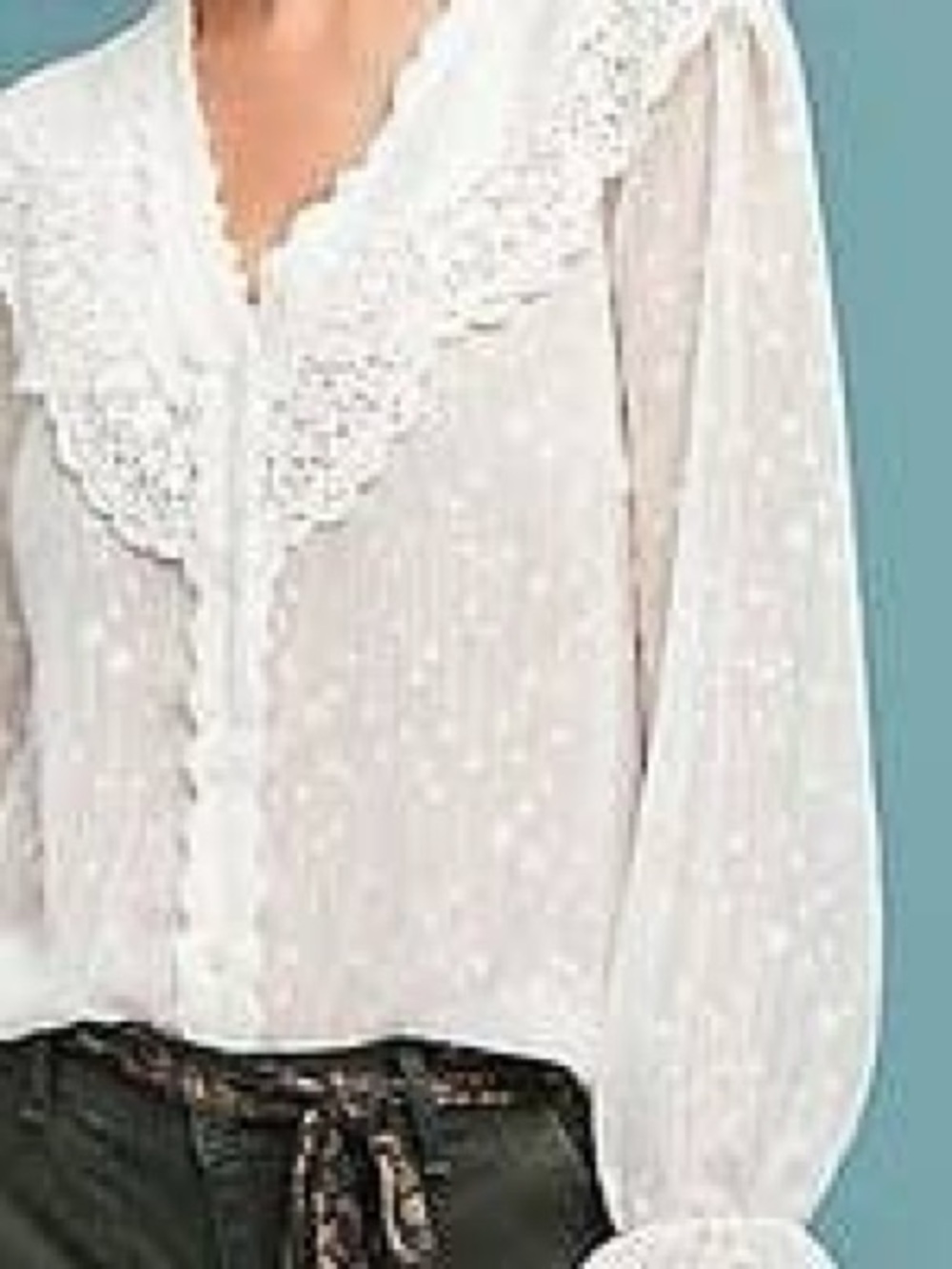 Anthropologie Ivory Lace-Trim V-Neck Dobby Blouse